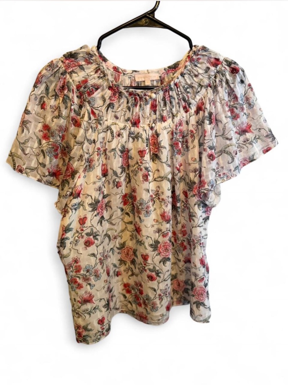 Rebecca Taylor Floral Short-Sleeve Peasant Blouse in Cream and Pink